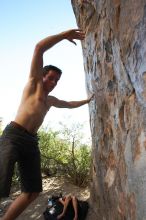 Raanan Robertson rock climbing in Hueco Tanks State Park and Historic Site during the Hueco Tanks Awesome Fest 2010 trip, Friday, May 21, 2010.

Filename: SRM_20100521_19251813.JPG
Aperture: f/8.0
Shutter Speed: 1/250
Body: Canon EOS-1D Mark II
Lens: Canon EF 16-35mm f/2.8 L