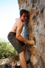 Raanan Robertson rock climbing in Hueco Tanks State Park and Historic Site during the Hueco Tanks Awesome Fest 2010 trip, Friday, May 21, 2010.

Filename: SRM_20100521_19284322.JPG
Aperture: f/5.6
Shutter Speed: 1/160
Body: Canon EOS-1D Mark II
Lens: Canon EF 16-35mm f/2.8 L