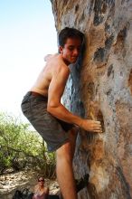 Raanan Robertson rock climbing in Hueco Tanks State Park and Historic Site during the Hueco Tanks Awesome Fest 2010 trip, Friday, May 21, 2010.

Filename: SRM_20100521_19284423.JPG
Aperture: f/5.6
Shutter Speed: 1/200
Body: Canon EOS-1D Mark II
Lens: Canon EF 16-35mm f/2.8 L