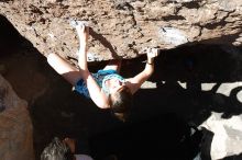 Sarah Williams rock climbing in Hueco Tanks State Park and Historic Site during the Hueco Tanks Awesome Fest 2010 trip, Saturday, May 22, 2010.

Filename: SRM_20100522_10362190.JPG
Aperture: f/5.6
Shutter Speed: 1/200
Body: Canon EOS-1D Mark II
Lens: Canon EF 16-35mm f/2.8 L