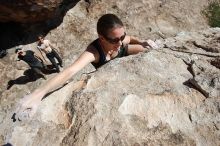 Beth Marek rock climbing in Hueco Tanks State Park and Historic Site during the Hueco Tanks Awesome Fest 2010 trip, Saturday, May 22, 2010.

Filename: SRM_20100522_10363894.JPG
Aperture: f/5.6
Shutter Speed: 1/800
Body: Canon EOS-1D Mark II
Lens: Canon EF 16-35mm f/2.8 L