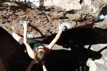 Beth Marek rock climbing in Hueco Tanks State Park and Historic Site during the Hueco Tanks Awesome Fest 2010 trip, Saturday, May 22, 2010.

Filename: SRM_20100522_10424007.JPG
Aperture: f/5.6
Shutter Speed: 1/320
Body: Canon EOS-1D Mark II
Lens: Canon EF 16-35mm f/2.8 L