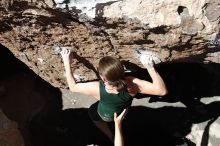 Beth Marek rock climbing in Hueco Tanks State Park and Historic Site during the Hueco Tanks Awesome Fest 2010 trip, Saturday, May 22, 2010.

Filename: SRM_20100522_10424509.JPG
Aperture: f/5.6
Shutter Speed: 1/400
Body: Canon EOS-1D Mark II
Lens: Canon EF 16-35mm f/2.8 L