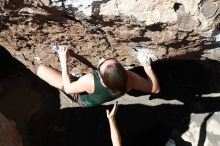 Beth Marek rock climbing in Hueco Tanks State Park and Historic Site during the Hueco Tanks Awesome Fest 2010 trip, Saturday, May 22, 2010.

Filename: SRM_20100522_10424714.JPG
Aperture: f/5.6
Shutter Speed: 1/320
Body: Canon EOS-1D Mark II
Lens: Canon EF 16-35mm f/2.8 L