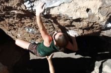 Beth Marek rock climbing in Hueco Tanks State Park and Historic Site during the Hueco Tanks Awesome Fest 2010 trip, Saturday, May 22, 2010.

Filename: SRM_20100522_10424817.JPG
Aperture: f/5.6
Shutter Speed: 1/400
Body: Canon EOS-1D Mark II
Lens: Canon EF 16-35mm f/2.8 L