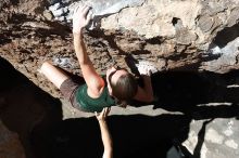 Beth Marek rock climbing in Hueco Tanks State Park and Historic Site during the Hueco Tanks Awesome Fest 2010 trip, Saturday, May 22, 2010.

Filename: SRM_20100522_10424820.JPG
Aperture: f/5.6
Shutter Speed: 1/400
Body: Canon EOS-1D Mark II
Lens: Canon EF 16-35mm f/2.8 L