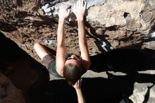 Beth Marek rock climbing in Hueco Tanks State Park and Historic Site during the Hueco Tanks Awesome Fest 2010 trip, Saturday, May 22, 2010.

Filename: SRM_20100522_10425022.JPG
Aperture: f/5.6
Shutter Speed: 1/400
Body: Canon EOS-1D Mark II
Lens: Canon EF 16-35mm f/2.8 L