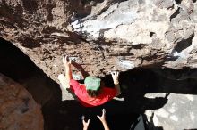 Steve Marek rock climbing in Hueco Tanks State Park and Historic Site during the Hueco Tanks Awesome Fest 2010 trip, Saturday, May 22, 2010.

Filename: SRM_20100522_10471241.JPG
Aperture: f/5.0
Shutter Speed: 1/320
Body: Canon EOS-1D Mark II
Lens: Canon EF 16-35mm f/2.8 L