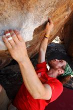 Steve Marek rock climbing in Hueco Tanks State Park and Historic Site during the Hueco Tanks Awesome Fest 2010 trip, Saturday, May 22, 2010.

Filename: SRM_20100522_12104285.JPG
Aperture: f/5.6
Shutter Speed: 1/200
Body: Canon EOS-1D Mark II
Lens: Canon EF 16-35mm f/2.8 L