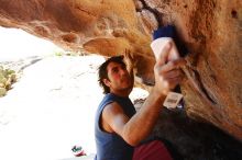 Javier Morales rock climbing in Hueco Tanks State Park and Historic Site during the Hueco Tanks Awesome Fest 2010 trip, Saturday, May 22, 2010.

Filename: SRM_20100522_12122189.JPG
Aperture: f/5.6
Shutter Speed: 1/200
Body: Canon EOS-1D Mark II
Lens: Canon EF 16-35mm f/2.8 L