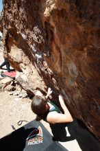 Beth Marek rock climbing in Hueco Tanks State Park and Historic Site during the Hueco Tanks Awesome Fest 2010 trip, Saturday, May 22, 2010.

Filename: SRM_20100522_12220209.JPG
Aperture: f/8.0
Shutter Speed: 1/400
Body: Canon EOS-1D Mark II
Lens: Canon EF 16-35mm f/2.8 L