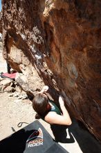 Beth Marek rock climbing in Hueco Tanks State Park and Historic Site during the Hueco Tanks Awesome Fest 2010 trip, Saturday, May 22, 2010.

Filename: SRM_20100522_12220311.JPG
Aperture: f/8.0
Shutter Speed: 1/400
Body: Canon EOS-1D Mark II
Lens: Canon EF 16-35mm f/2.8 L