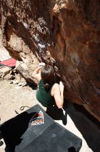 Beth Marek rock climbing in Hueco Tanks State Park and Historic Site during the Hueco Tanks Awesome Fest 2010 trip, Saturday, May 22, 2010.

Filename: SRM_20100522_12222114.JPG
Aperture: f/8.0
Shutter Speed: 1/500
Body: Canon EOS-1D Mark II
Lens: Canon EF 16-35mm f/2.8 L