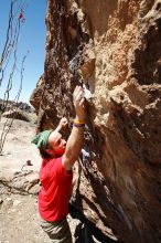 Steve Marek rock climbing in Hueco Tanks State Park and Historic Site during the Hueco Tanks Awesome Fest 2010 trip, Saturday, May 22, 2010.

Filename: SRM_20100522_12241038.JPG
Aperture: f/8.0
Shutter Speed: 1/500
Body: Canon EOS-1D Mark II
Lens: Canon EF 16-35mm f/2.8 L