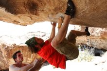 Steve Marek rock climbing in Hueco Tanks State Park and Historic Site during the Hueco Tanks Awesome Fest 2010 trip, Saturday, May 22, 2010.

Filename: SRM_20100522_13564347.JPG
Aperture: f/8.0
Shutter Speed: 1/250
Body: Canon EOS-1D Mark II
Lens: Canon EF 16-35mm f/2.8 L