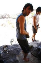 Javier Morales rock climbing in Hueco Tanks State Park and Historic Site during the Hueco Tanks Awesome Fest 2010 trip, Saturday, May 22, 2010.

Filename: SRM_20100522_14004553.JPG
Aperture: f/8.0
Shutter Speed: 1/400
Body: Canon EOS-1D Mark II
Lens: Canon EF 16-35mm f/2.8 L