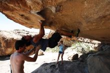 Javier Morales rock climbing in Hueco Tanks State Park and Historic Site during the Hueco Tanks Awesome Fest 2010 trip, Saturday, May 22, 2010.

Filename: SRM_20100522_14042857.JPG
Aperture: f/8.0
Shutter Speed: 1/1000
Body: Canon EOS-1D Mark II
Lens: Canon EF 16-35mm f/2.8 L