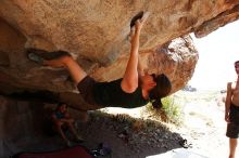 Beth Marek rock climbing on No One Gets Out of Here Alive (V2) in Hueco Tanks State Park and Historic Site during the Hueco Tanks Awesome Fest 2010 trip, Saturday, May 22, 2010.

Filename: SRM_20100522_15142870.JPG
Aperture: f/8.0
Shutter Speed: 1/125
Body: Canon EOS-1D Mark II
Lens: Canon EF 16-35mm f/2.8 L