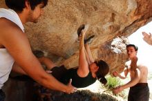 Beth Marek rock climbing on No One Gets Out of Here Alive (V2) in Hueco Tanks State Park and Historic Site during the Hueco Tanks Awesome Fest 2010 trip, Saturday, May 22, 2010.

Filename: SRM_20100522_15143473.JPG
Aperture: f/8.0
Shutter Speed: 1/125
Body: Canon EOS-1D Mark II
Lens: Canon EF 16-35mm f/2.8 L