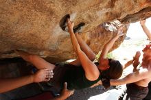 Beth Marek rock climbing on No One Gets Out of Here Alive (V2) in Hueco Tanks State Park and Historic Site during the Hueco Tanks Awesome Fest 2010 trip, Saturday, May 22, 2010.

Filename: SRM_20100522_15144078.JPG
Aperture: f/8.0
Shutter Speed: 1/125
Body: Canon EOS-1D Mark II
Lens: Canon EF 16-35mm f/2.8 L