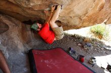 Steve Marek rock climbing on No One Gets Out of Here Alive (V2) in Hueco Tanks State Park and Historic Site during the Hueco Tanks Awesome Fest 2010 trip, Saturday, May 22, 2010.

Filename: SRM_20100522_15180888.JPG
Aperture: f/5.6
Shutter Speed: 1/200
Body: Canon EOS-1D Mark II
Lens: Canon EF 16-35mm f/2.8 L