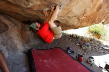 Steve Marek rock climbing on No One Gets Out of Here Alive (V2) in Hueco Tanks State Park and Historic Site during the Hueco Tanks Awesome Fest 2010 trip, Saturday, May 22, 2010.

Filename: SRM_20100522_15180889.JPG
Aperture: f/5.6
Shutter Speed: 1/200
Body: Canon EOS-1D Mark II
Lens: Canon EF 16-35mm f/2.8 L