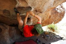 Steve Marek rock climbing on No One Gets Out of Here Alive (V2) in Hueco Tanks State Park and Historic Site during the Hueco Tanks Awesome Fest 2010 trip, Saturday, May 22, 2010.

Filename: SRM_20100522_15181995.JPG
Aperture: f/5.6
Shutter Speed: 1/320
Body: Canon EOS-1D Mark II
Lens: Canon EF 16-35mm f/2.8 L