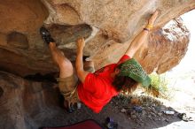 Steve Marek rock climbing on No One Gets Out of Here Alive (V2) in Hueco Tanks State Park and Historic Site during the Hueco Tanks Awesome Fest 2010 trip, Saturday, May 22, 2010.

Filename: SRM_20100522_15182098.JPG
Aperture: f/5.6
Shutter Speed: 1/250
Body: Canon EOS-1D Mark II
Lens: Canon EF 16-35mm f/2.8 L