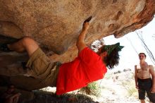 Steve Marek rock climbing on No One Gets Out of Here Alive (V2) in Hueco Tanks State Park and Historic Site during the Hueco Tanks Awesome Fest 2010 trip, Saturday, May 22, 2010.

Filename: SRM_20100522_15182402.JPG
Aperture: f/5.6
Shutter Speed: 1/500
Body: Canon EOS-1D Mark II
Lens: Canon EF 16-35mm f/2.8 L