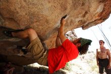 Steve Marek rock climbing on No One Gets Out of Here Alive (V2) in Hueco Tanks State Park and Historic Site during the Hueco Tanks Awesome Fest 2010 trip, Saturday, May 22, 2010.

Filename: SRM_20100522_15182704.JPG
Aperture: f/5.6
Shutter Speed: 1/500
Body: Canon EOS-1D Mark II
Lens: Canon EF 16-35mm f/2.8 L