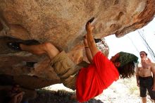 Steve Marek rock climbing on No One Gets Out of Here Alive (V2) in Hueco Tanks State Park and Historic Site during the Hueco Tanks Awesome Fest 2010 trip, Saturday, May 22, 2010.

Filename: SRM_20100522_15182805.JPG
Aperture: f/5.6
Shutter Speed: 1/500
Body: Canon EOS-1D Mark II
Lens: Canon EF 16-35mm f/2.8 L