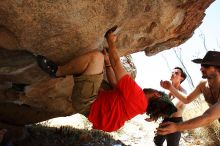 Steve Marek rock climbing on No One Gets Out of Here Alive (V2) in Hueco Tanks State Park and Historic Site during the Hueco Tanks Awesome Fest 2010 trip, Saturday, May 22, 2010.

Filename: SRM_20100522_15183207.JPG
Aperture: f/5.6
Shutter Speed: 1/640
Body: Canon EOS-1D Mark II
Lens: Canon EF 16-35mm f/2.8 L