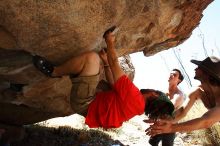 Steve Marek rock climbing on No One Gets Out of Here Alive (V2) in Hueco Tanks State Park and Historic Site during the Hueco Tanks Awesome Fest 2010 trip, Saturday, May 22, 2010.

Filename: SRM_20100522_15183208.JPG
Aperture: f/5.6
Shutter Speed: 1/640
Body: Canon EOS-1D Mark II
Lens: Canon EF 16-35mm f/2.8 L