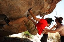 Steve Marek rock climbing on No One Gets Out of Here Alive (V2) in Hueco Tanks State Park and Historic Site during the Hueco Tanks Awesome Fest 2010 trip, Saturday, May 22, 2010.

Filename: SRM_20100522_15183313.JPG
Aperture: f/5.6
Shutter Speed: 1/640
Body: Canon EOS-1D Mark II
Lens: Canon EF 16-35mm f/2.8 L