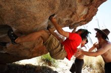 Steve Marek rock climbing on No One Gets Out of Here Alive (V2) in Hueco Tanks State Park and Historic Site during the Hueco Tanks Awesome Fest 2010 trip, Saturday, May 22, 2010.

Filename: SRM_20100522_15183314.JPG
Aperture: f/5.6
Shutter Speed: 1/640
Body: Canon EOS-1D Mark II
Lens: Canon EF 16-35mm f/2.8 L