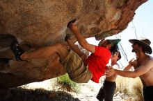 Steve Marek rock climbing on No One Gets Out of Here Alive (V2) in Hueco Tanks State Park and Historic Site during the Hueco Tanks Awesome Fest 2010 trip, Saturday, May 22, 2010.

Filename: SRM_20100522_15183315.JPG
Aperture: f/5.6
Shutter Speed: 1/640
Body: Canon EOS-1D Mark II
Lens: Canon EF 16-35mm f/2.8 L