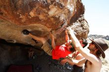 Steve Marek rock climbing on No One Gets Out of Here Alive (V2) in Hueco Tanks State Park and Historic Site during the Hueco Tanks Awesome Fest 2010 trip, Saturday, May 22, 2010.

Filename: SRM_20100522_15184317.JPG
Aperture: f/5.6
Shutter Speed: 1/640
Body: Canon EOS-1D Mark II
Lens: Canon EF 16-35mm f/2.8 L