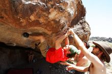 Steve Marek rock climbing on No One Gets Out of Here Alive (V2) in Hueco Tanks State Park and Historic Site during the Hueco Tanks Awesome Fest 2010 trip, Saturday, May 22, 2010.

Filename: SRM_20100522_15184419.JPG
Aperture: f/5.6
Shutter Speed: 1/800
Body: Canon EOS-1D Mark II
Lens: Canon EF 16-35mm f/2.8 L