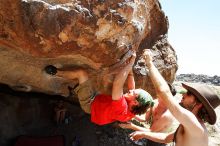 Steve Marek rock climbing on No One Gets Out of Here Alive (V2) in Hueco Tanks State Park and Historic Site during the Hueco Tanks Awesome Fest 2010 trip, Saturday, May 22, 2010.

Filename: SRM_20100522_15184420.JPG
Aperture: f/5.6
Shutter Speed: 1/800
Body: Canon EOS-1D Mark II
Lens: Canon EF 16-35mm f/2.8 L