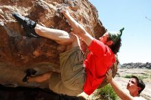 Steve Marek rock climbing on No One Gets Out of Here Alive (V2) in Hueco Tanks State Park and Historic Site during the Hueco Tanks Awesome Fest 2010 trip, Saturday, May 22, 2010.

Filename: SRM_20100522_15185727.JPG
Aperture: f/5.6
Shutter Speed: 1/1000
Body: Canon EOS-1D Mark II
Lens: Canon EF 16-35mm f/2.8 L