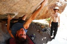 Javier Morales rock climbing on No One Gets Out of Here Alive (V2) in Hueco Tanks State Park and Historic Site during the Hueco Tanks Awesome Fest 2010 trip, Saturday, May 22, 2010.

Filename: SRM_20100522_15230131.JPG
Aperture: f/5.6
Shutter Speed: 1/250
Body: Canon EOS-1D Mark II
Lens: Canon EF 16-35mm f/2.8 L