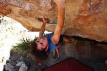 Javier Morales rock climbing on No One Gets Out of Here Alive (V2) in Hueco Tanks State Park and Historic Site during the Hueco Tanks Awesome Fest 2010 trip, Saturday, May 22, 2010.

Filename: SRM_20100522_15230935.JPG
Aperture: f/5.6
Shutter Speed: 1/400
Body: Canon EOS-1D Mark II
Lens: Canon EF 16-35mm f/2.8 L