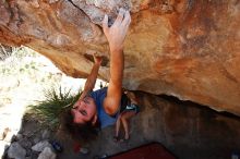 Javier Morales rock climbing on No One Gets Out of Here Alive (V2) in Hueco Tanks State Park and Historic Site during the Hueco Tanks Awesome Fest 2010 trip, Saturday, May 22, 2010.

Filename: SRM_20100522_15231038.JPG
Aperture: f/5.6
Shutter Speed: 1/400
Body: Canon EOS-1D Mark II
Lens: Canon EF 16-35mm f/2.8 L