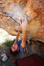 Javier Morales rock climbing on No One Gets Out of Here Alive (V2) in Hueco Tanks State Park and Historic Site during the Hueco Tanks Awesome Fest 2010 trip, Saturday, May 22, 2010.

Filename: SRM_20100522_15231040.JPG
Aperture: f/5.6
Shutter Speed: 1/320
Body: Canon EOS-1D Mark II
Lens: Canon EF 16-35mm f/2.8 L