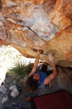 Javier Morales rock climbing on No One Gets Out of Here Alive (V2) in Hueco Tanks State Park and Historic Site during the Hueco Tanks Awesome Fest 2010 trip, Saturday, May 22, 2010.

Filename: SRM_20100522_15231142.JPG
Aperture: f/5.6
Shutter Speed: 1/400
Body: Canon EOS-1D Mark II
Lens: Canon EF 16-35mm f/2.8 L