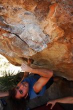 Javier Morales rock climbing on No One Gets Out of Here Alive (V2) in Hueco Tanks State Park and Historic Site during the Hueco Tanks Awesome Fest 2010 trip, Saturday, May 22, 2010.

Filename: SRM_20100522_15231643.JPG
Aperture: f/5.6
Shutter Speed: 1/500
Body: Canon EOS-1D Mark II
Lens: Canon EF 16-35mm f/2.8 L