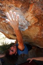 Javier Morales rock climbing on No One Gets Out of Here Alive (V2) in Hueco Tanks State Park and Historic Site during the Hueco Tanks Awesome Fest 2010 trip, Saturday, May 22, 2010.

Filename: SRM_20100522_15231644.JPG
Aperture: f/5.6
Shutter Speed: 1/640
Body: Canon EOS-1D Mark II
Lens: Canon EF 16-35mm f/2.8 L