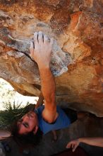 Javier Morales rock climbing on No One Gets Out of Here Alive (V2) in Hueco Tanks State Park and Historic Site during the Hueco Tanks Awesome Fest 2010 trip, Saturday, May 22, 2010.

Filename: SRM_20100522_15231645.JPG
Aperture: f/5.6
Shutter Speed: 1/500
Body: Canon EOS-1D Mark II
Lens: Canon EF 16-35mm f/2.8 L