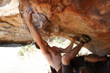 Raanan Robertson rock climbing on No One Gets Out of Here Alive (V2) in Hueco Tanks State Park and Historic Site during the Hueco Tanks Awesome Fest 2010 trip, Saturday, May 22, 2010.

Filename: SRM_20100522_15282551.JPG
Aperture: f/5.6
Shutter Speed: 1/500
Body: Canon EOS-1D Mark II
Lens: Canon EF 16-35mm f/2.8 L