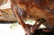 Raanan Robertson rock climbing on No One Gets Out of Here Alive (V2) in Hueco Tanks State Park and Historic Site during the Hueco Tanks Awesome Fest 2010 trip, Saturday, May 22, 2010.

Filename: SRM_20100522_15282552.JPG
Aperture: f/5.6
Shutter Speed: 1/640
Body: Canon EOS-1D Mark II
Lens: Canon EF 16-35mm f/2.8 L